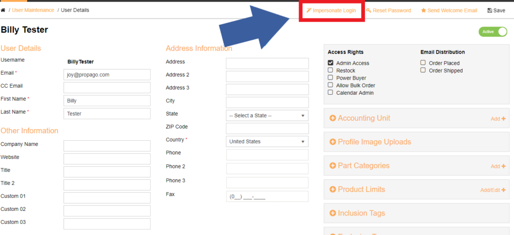 impersonate user screenshot