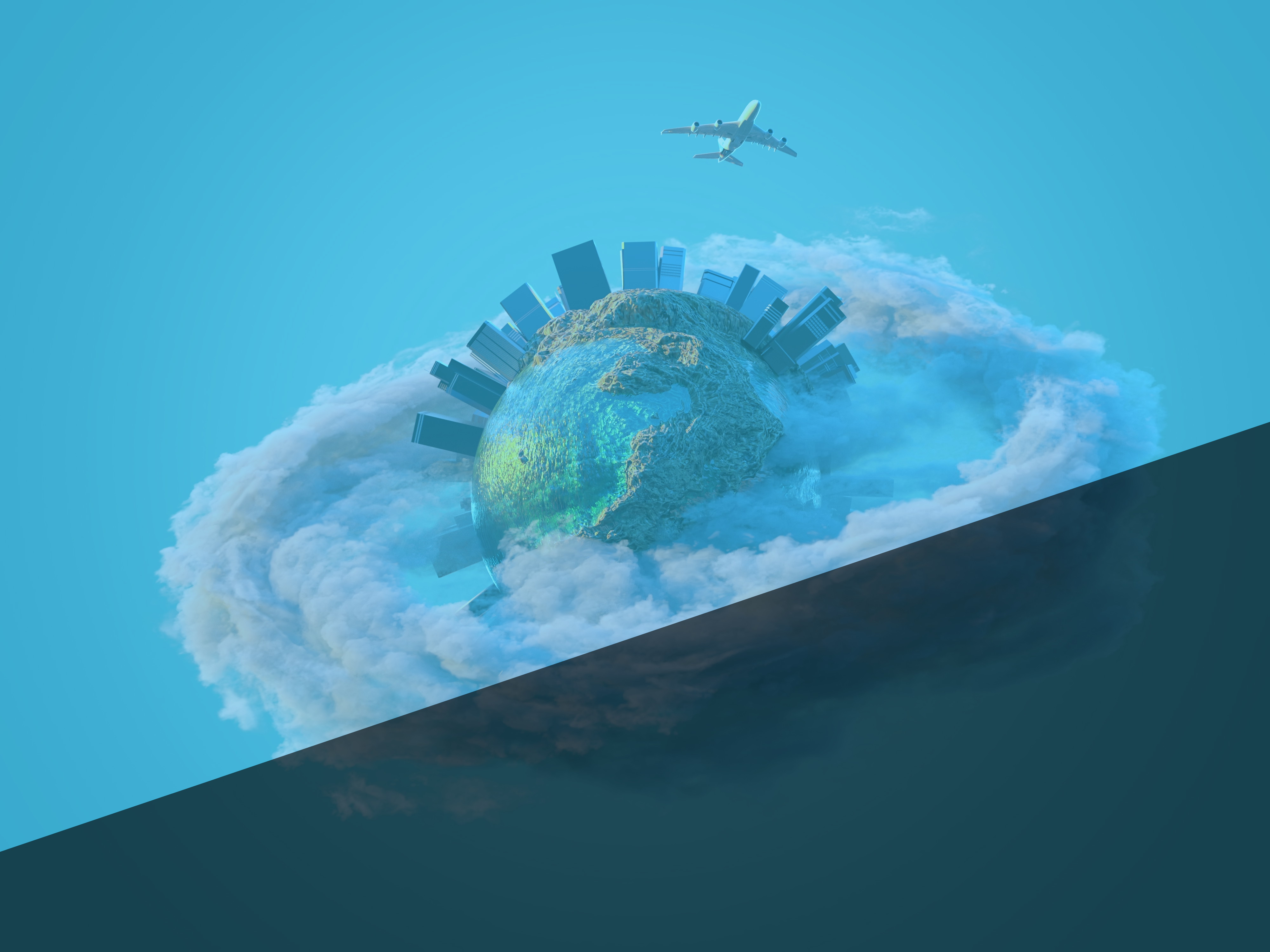 Globe surrounded by clouds and skyscrapers with an airplane flying above, symbolizing global market opportunities and Total Addressable Market (TAM) in business contexts.