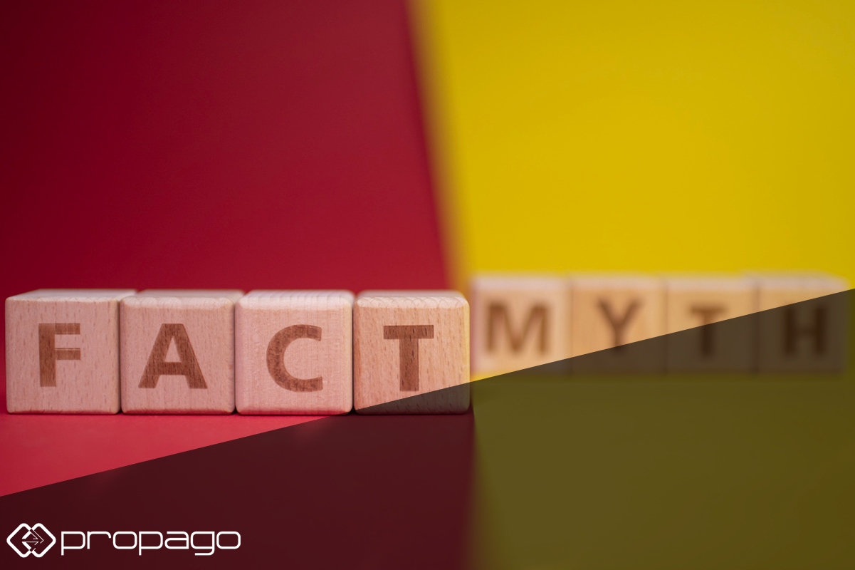 Wooden blocks spelling "FACT" and "MYTH" on a red and yellow background, representing common misconceptions about web-to-print adoption, with Propago logo in the corner.