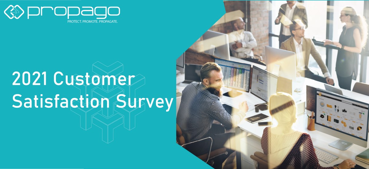 2021 Customer Satisfaction Survey graphic featuring the Propago logo and a collaborative office environment with team members engaging around computer screens.