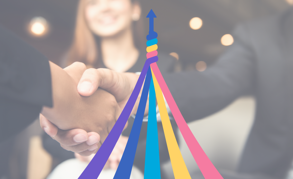 Handshake symbolizing partnership with colorful graphic elements, representing collaboration and trust in web-to-print software solutions.