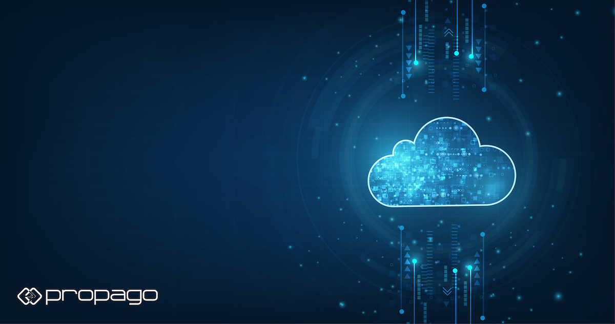 Cloud graphic with digital data elements, representing cloud-based web-to-print solutions, with Propago logo in the corner.