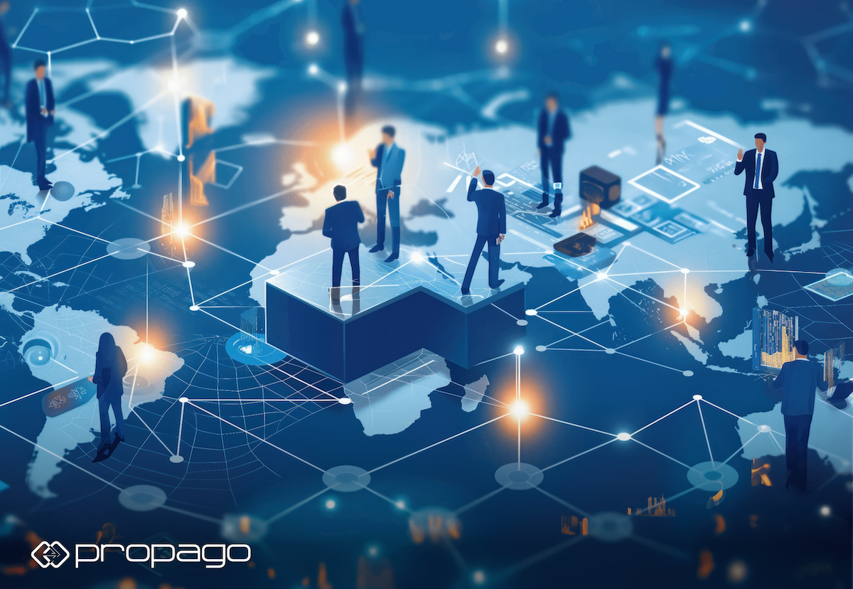Business professionals collaborating on a digital map, representing B2B print buying and data-driven decision-making in the context of Industry 4.0, with Propago branding.