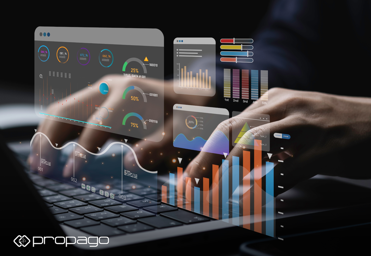 Hands interacting with a laptop keyboard, surrounded by digital data analytics visuals, including graphs, charts, and performance metrics, emphasizing the importance of data reporting for web-to-print success.