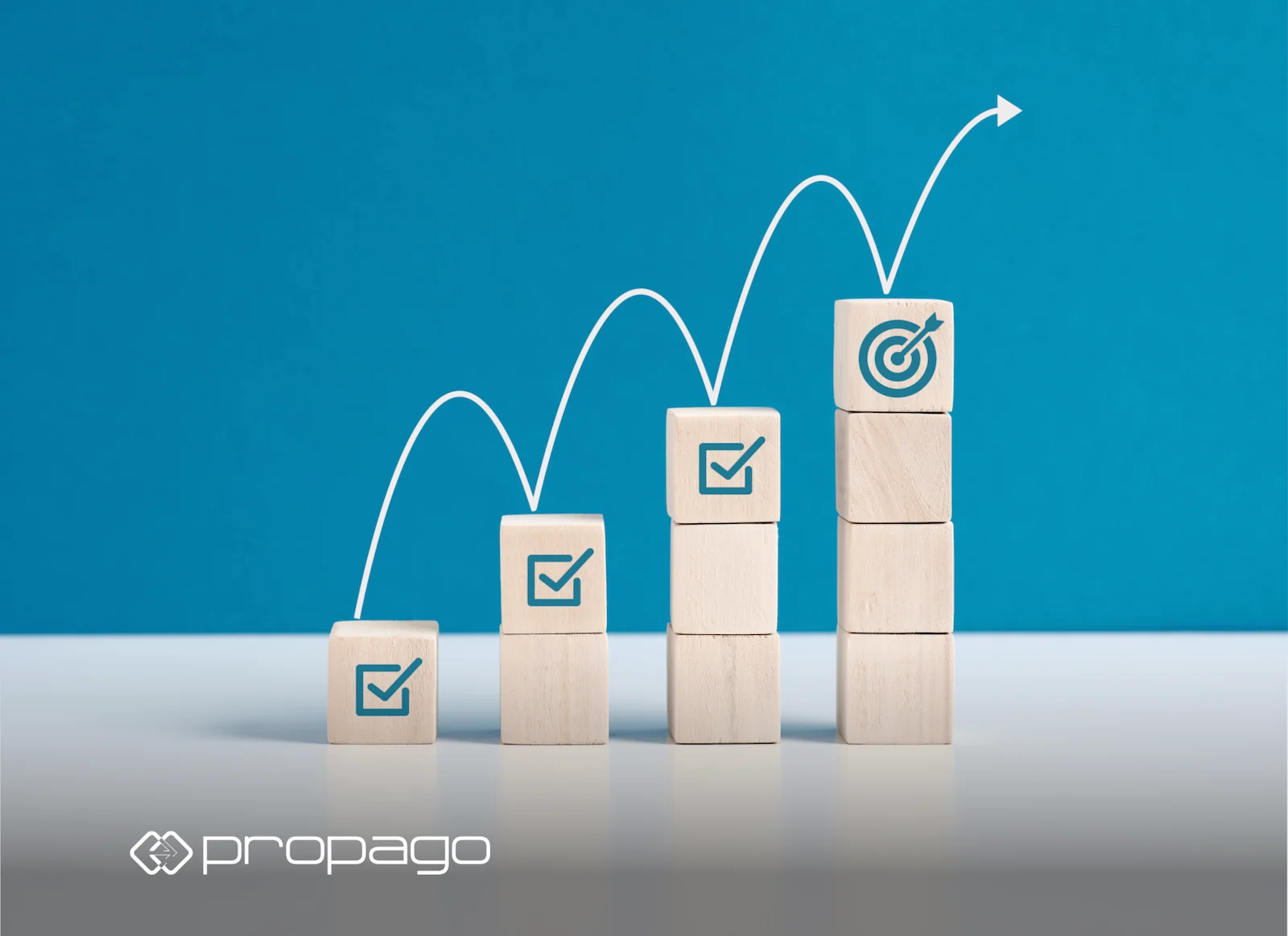 Wooden blocks arranged in ascending order with checkmark icons and a target symbol, symbolizing growth and successful implementation in web-to-print solutions, against a blue background.
