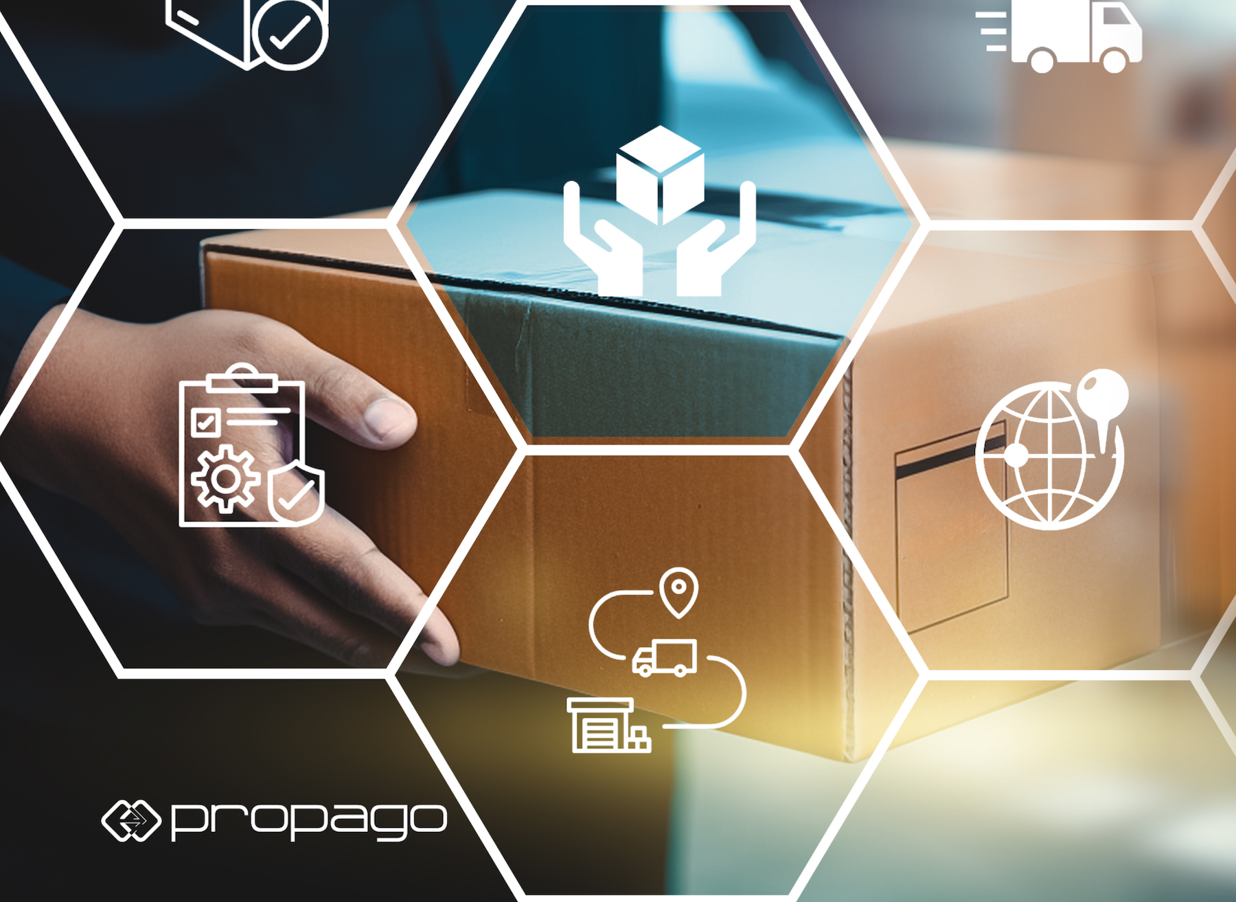 Hand holding a cardboard box with icons representing inventory management, shipping, and logistics, emphasizing integrated web-to-print solutions by Propago.