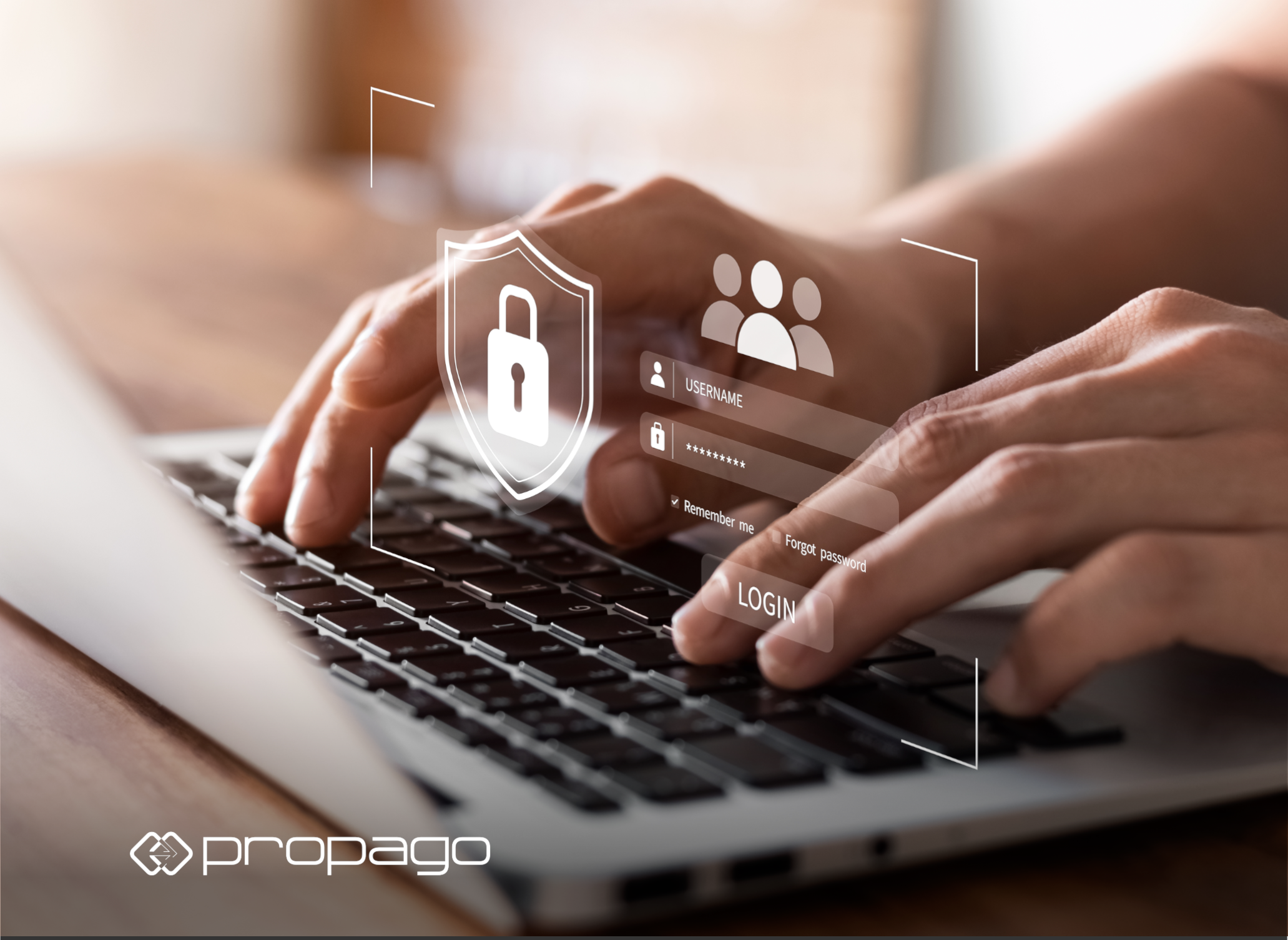 Hands typing on a laptop keyboard with an overlay of a security shield and login interface, emphasizing secure access and data governance in web-to-print solutions.
