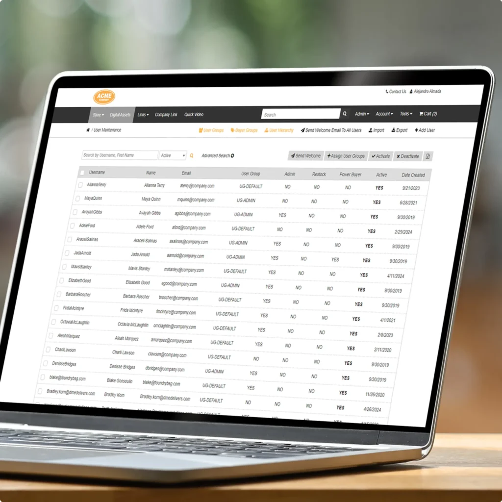 1200X1200-user-controls Laptop displaying user maintenance interface with user records, including usernames, emails, user groups, and account statuses, relevant to Propago's marketing asset management platform.