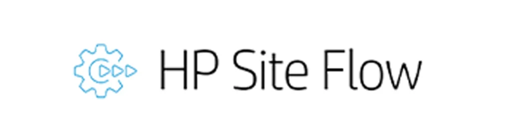 HP Site Flow logo featuring a gear and play icon, representing automation and integration solutions for business workflows.