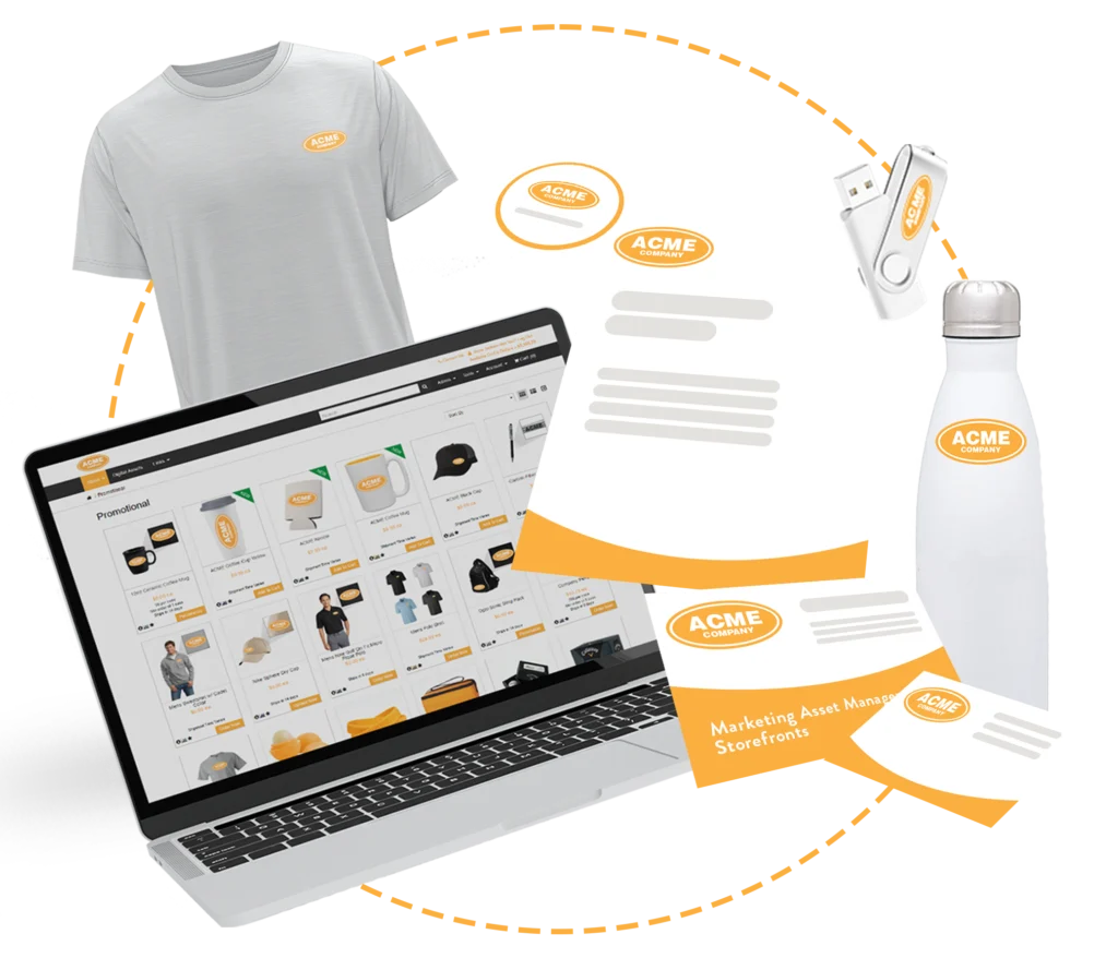 Branded promotional products and marketing assets displayed on a Propago storefront interface.