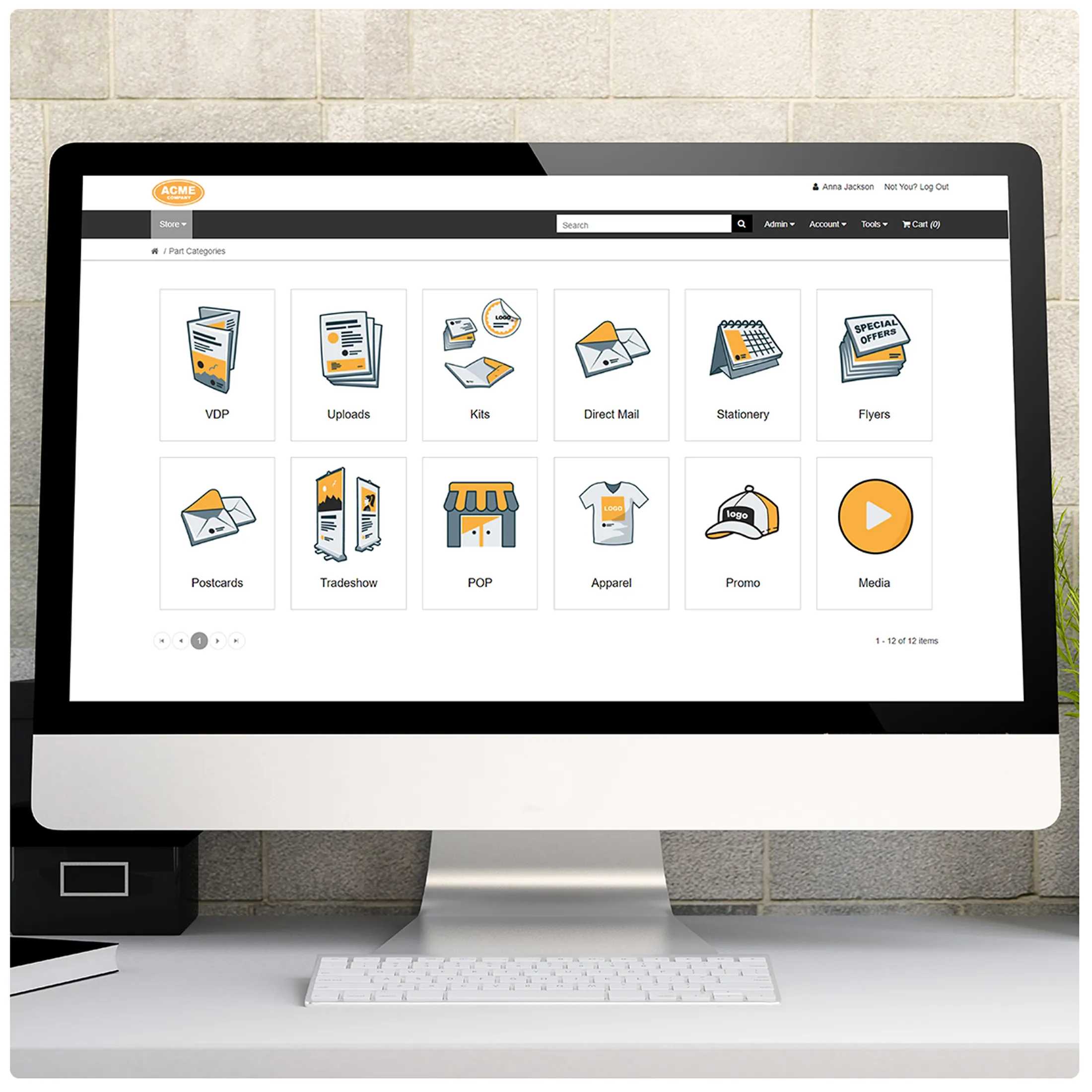Propago B2B storefront showcasing personalized marketing assets and product categories like apparel, promo, and direct mail.