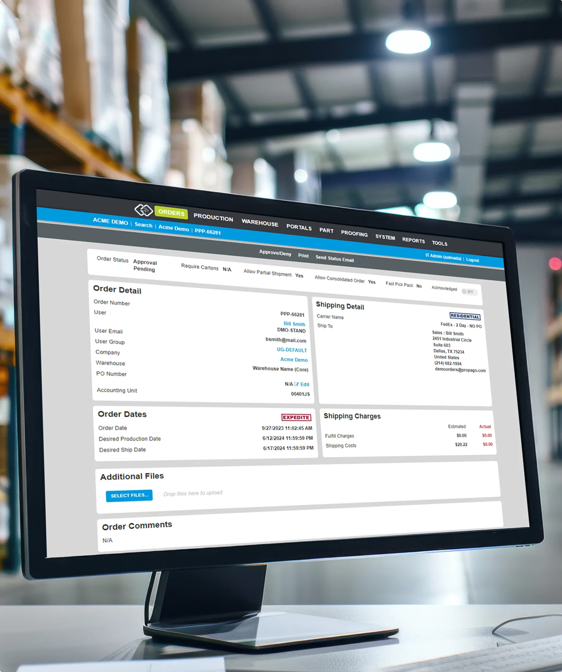Propago fulfillment system dashboard displaying order details and shipping information in a warehouse setting.