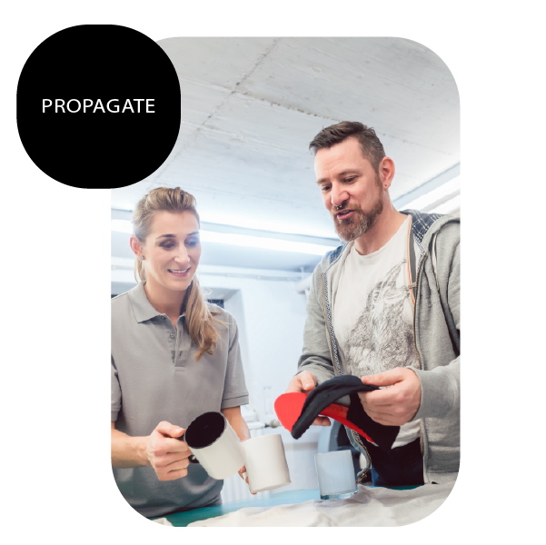 Propago: Sales team reviewing marketing assets and promotional materials.