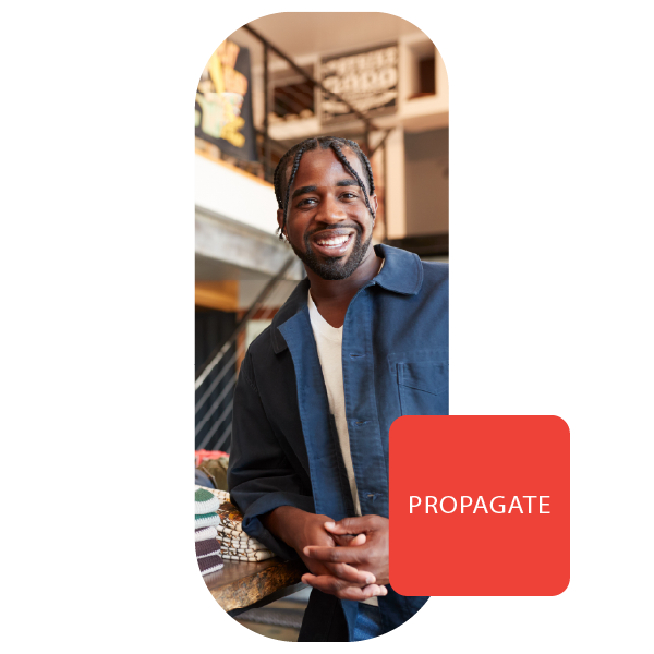 Smiling man and Propagate logo representing marketing asset management platform