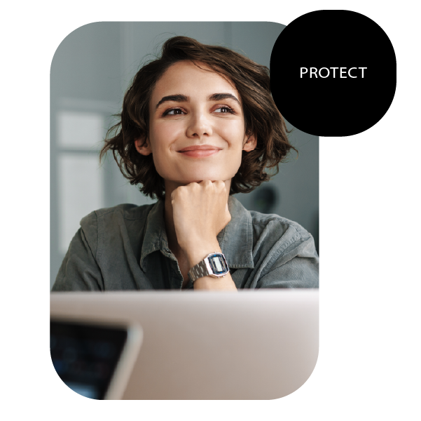 Woman thoughtfully looking ahead, representing brand protection and marketing asset management with Propago.