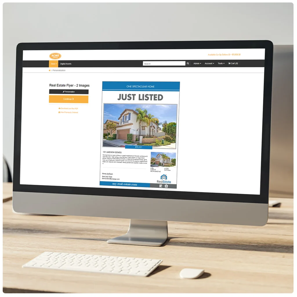 propago-web-to-print-engine Computer screen displaying a real estate flyer titled "JUST LISTED" featuring a house, with contact information and property details for marketing materials personalization.