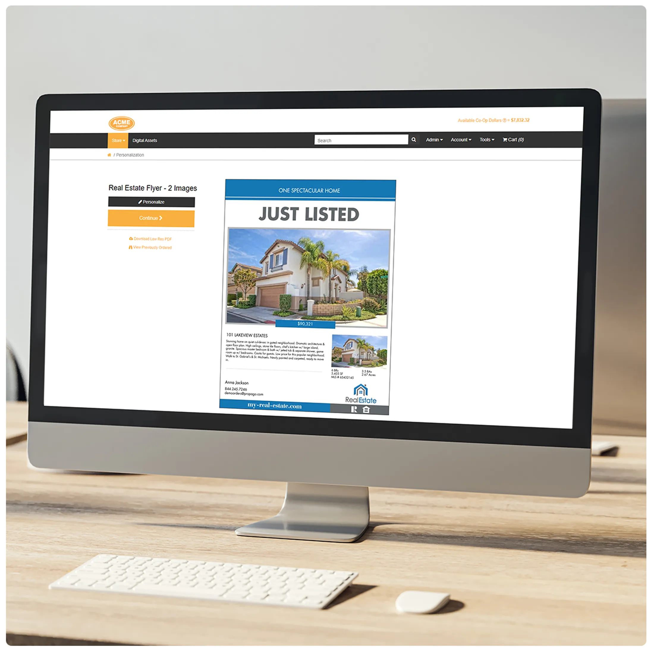 Propago web-to-print engine displaying real estate flyer design with personalization options and brand controls.
