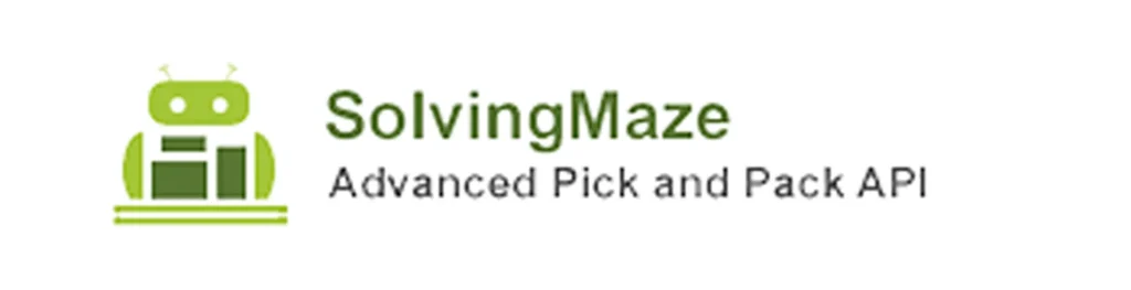SolvingMaze logo featuring a green robot, representing advanced pick and pack API solutions for seamless system integration and automation.