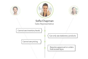 Sofia Chapman, Sales Representative, with limitations on inventory visibility, product access, and order approvals, illustrating user role management in a marketing asset platform.