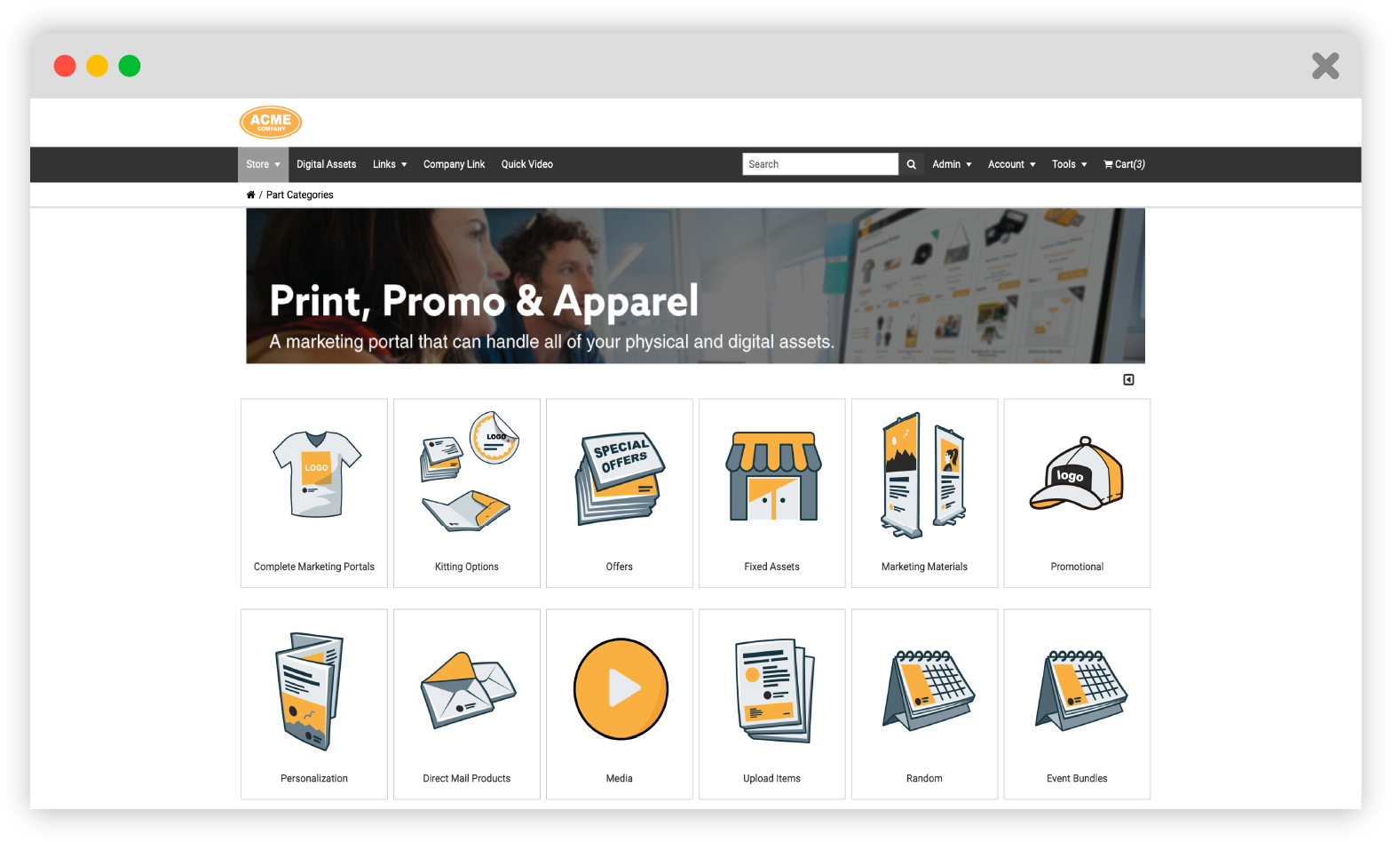 Propago marketing asset management platform storefront showcasing print, promo, and apparel products.