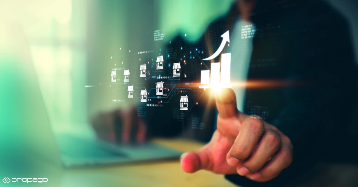 Web-to-print platform interface with upward trending graph and connected storefronts.