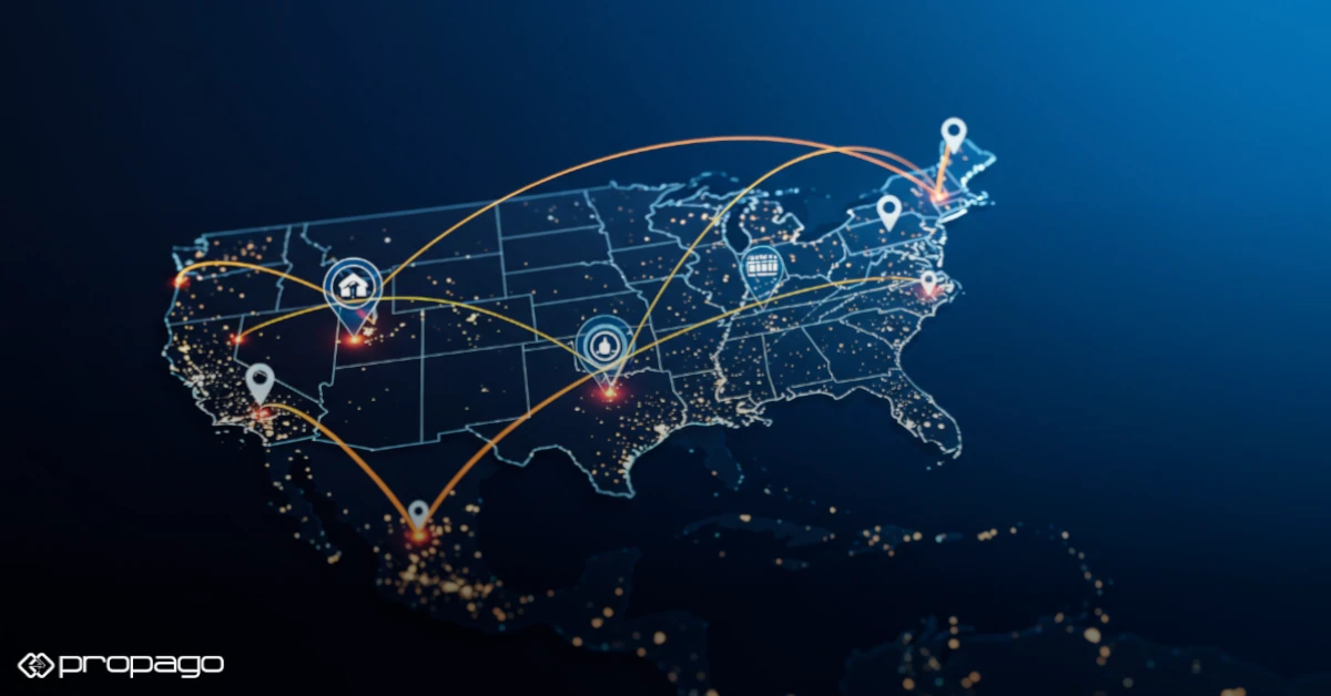 Map of the United States with digital connections and location markers, representing marketing asset management for multi-location businesses by Propago.