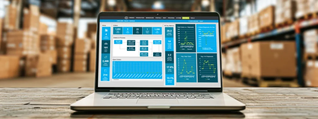 Laptop displaying warehouse management software dashboard with analytics and order tracking in a fulfillment center.