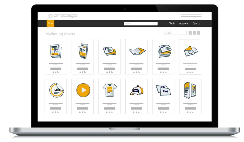 webtoprint-software Marketing asset management interface displayed on a laptop, featuring various branded templates and digital assets, emphasizing Propago's web-to-print capabilities for enterprise clients.